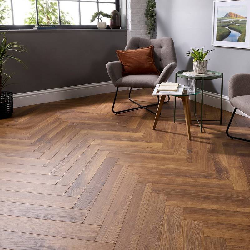 Embrace Herringbone Laminate Flooring Smoked Oak 14mm Built-in Underlay - image 2