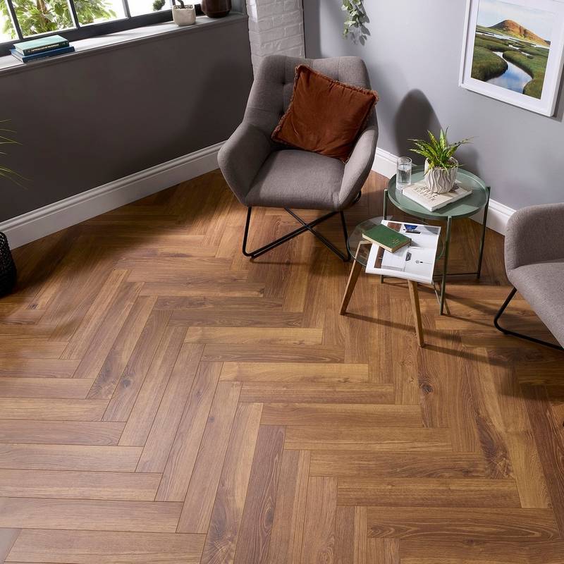 Embrace Herringbone Laminate Flooring Smoked Oak 14mm Built-in Underlay - image 4
