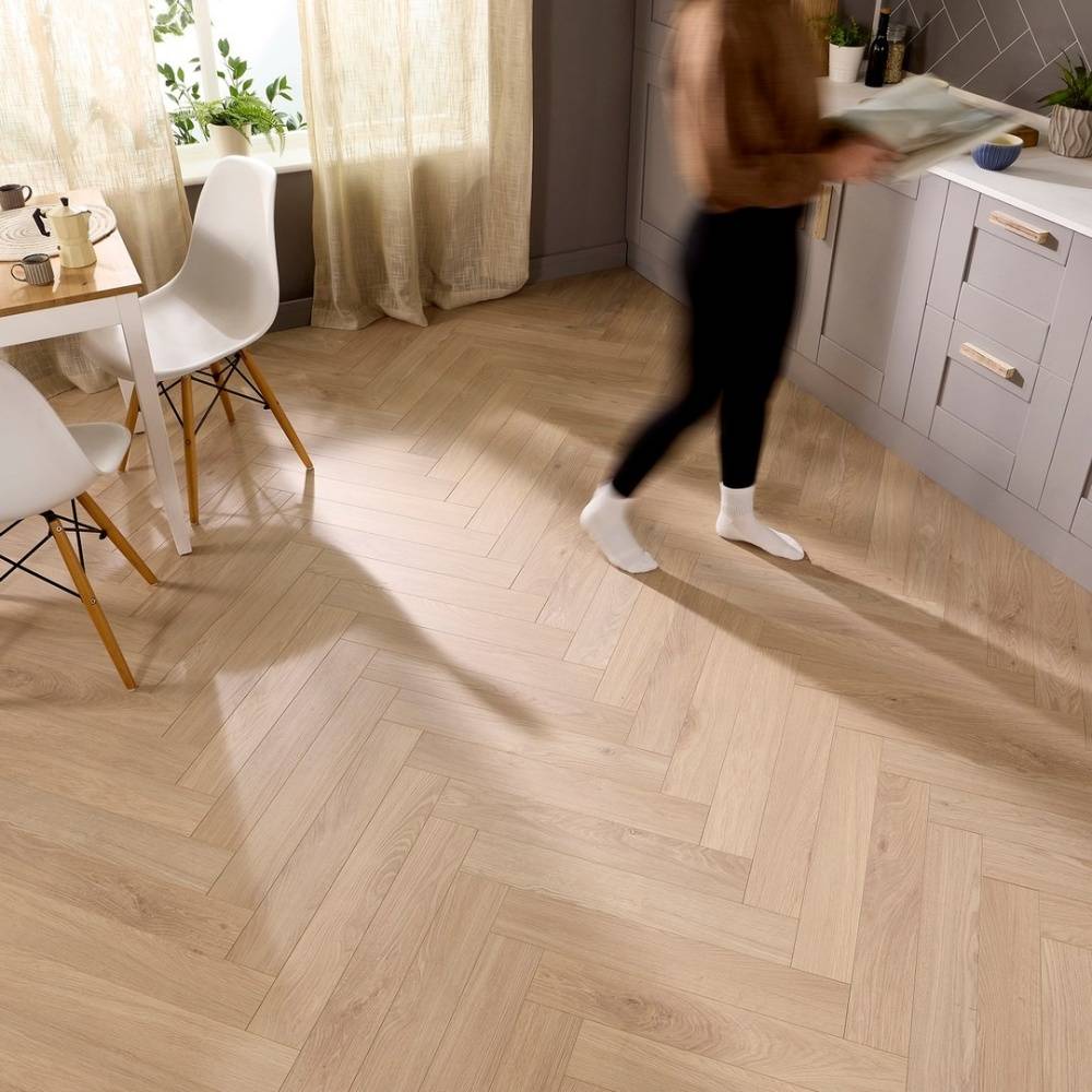 Embrace Herringbone Laminate Flooring Arctic Beige 14mm Built-in Underlay