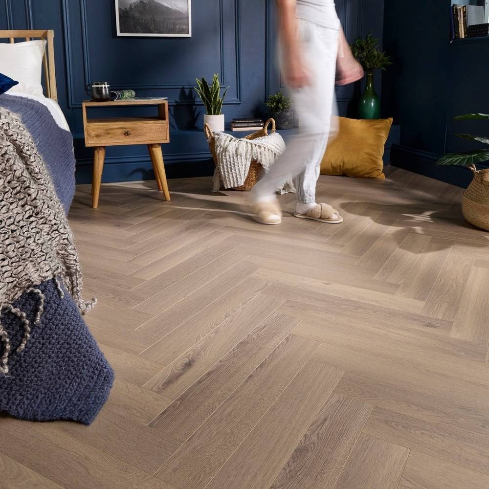 Embrace Herringbone Laminate Flooring Crystal Oak 14mm Built-in Underlay