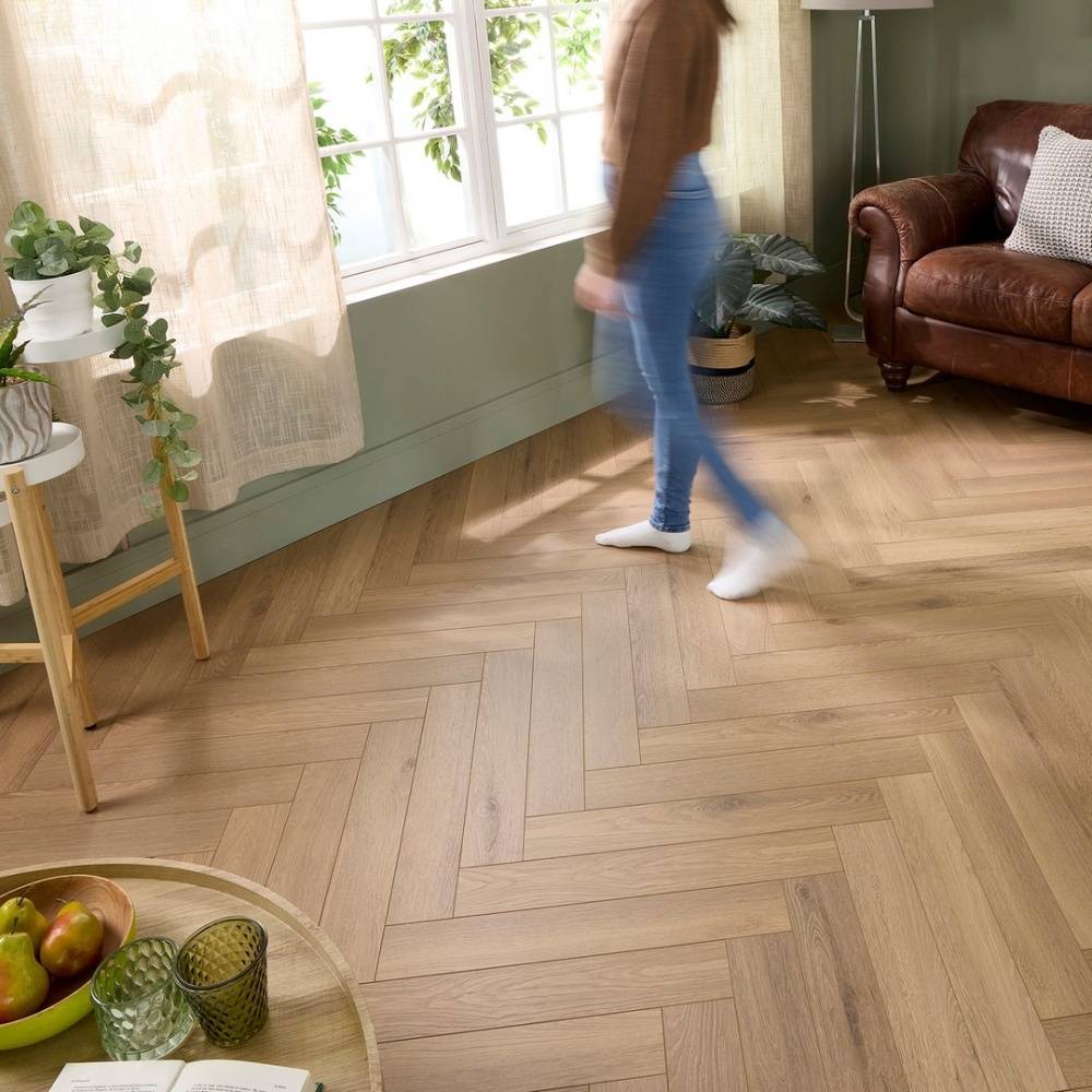 Embrace Herringbone Laminate Flooring Farmhouse Oak 14mm Built-in Underlay