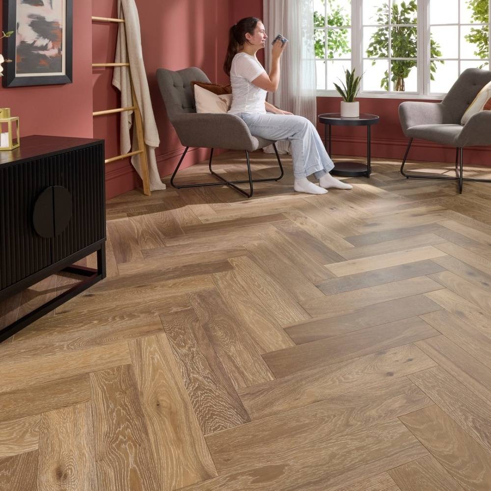 Herringbone Parquet Engineered Wood Flooring 14mm Genuine Smoke Grey Oak Brushed Oiled 