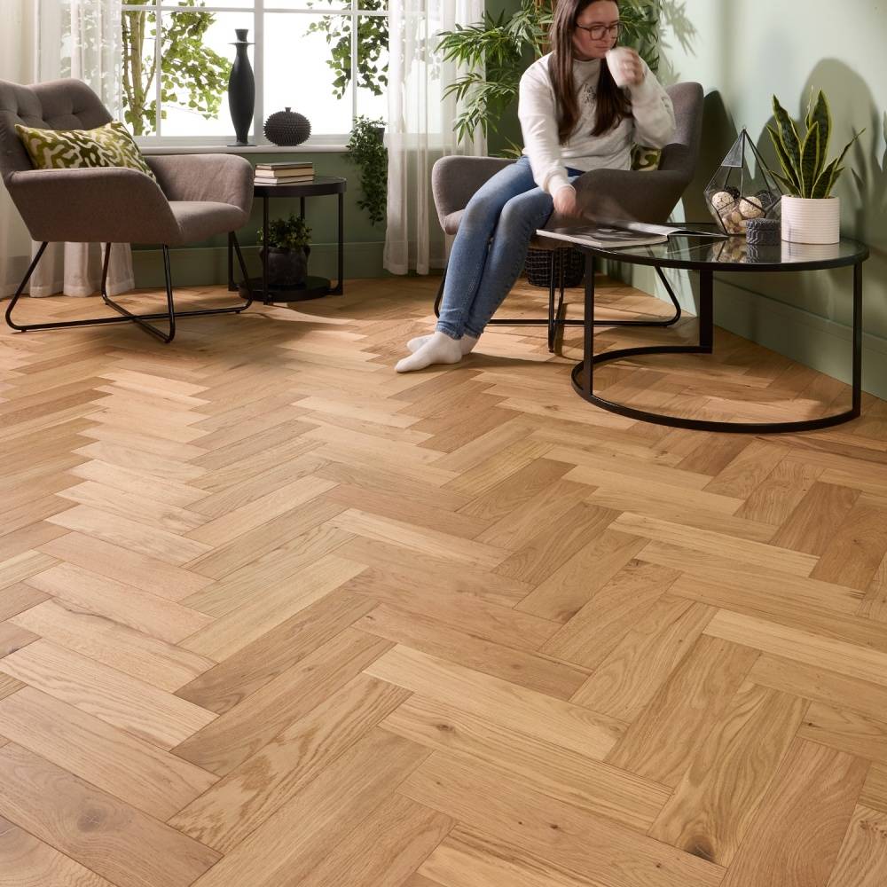 Herringbone Parquet Engineered Wood Flooring 12mm Natural Oak Brushed UV Oiled