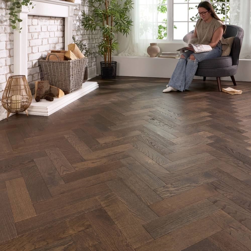 Herringbone Parquet Engineered Wood Flooring 12mm Smoked Brushed Lacquer