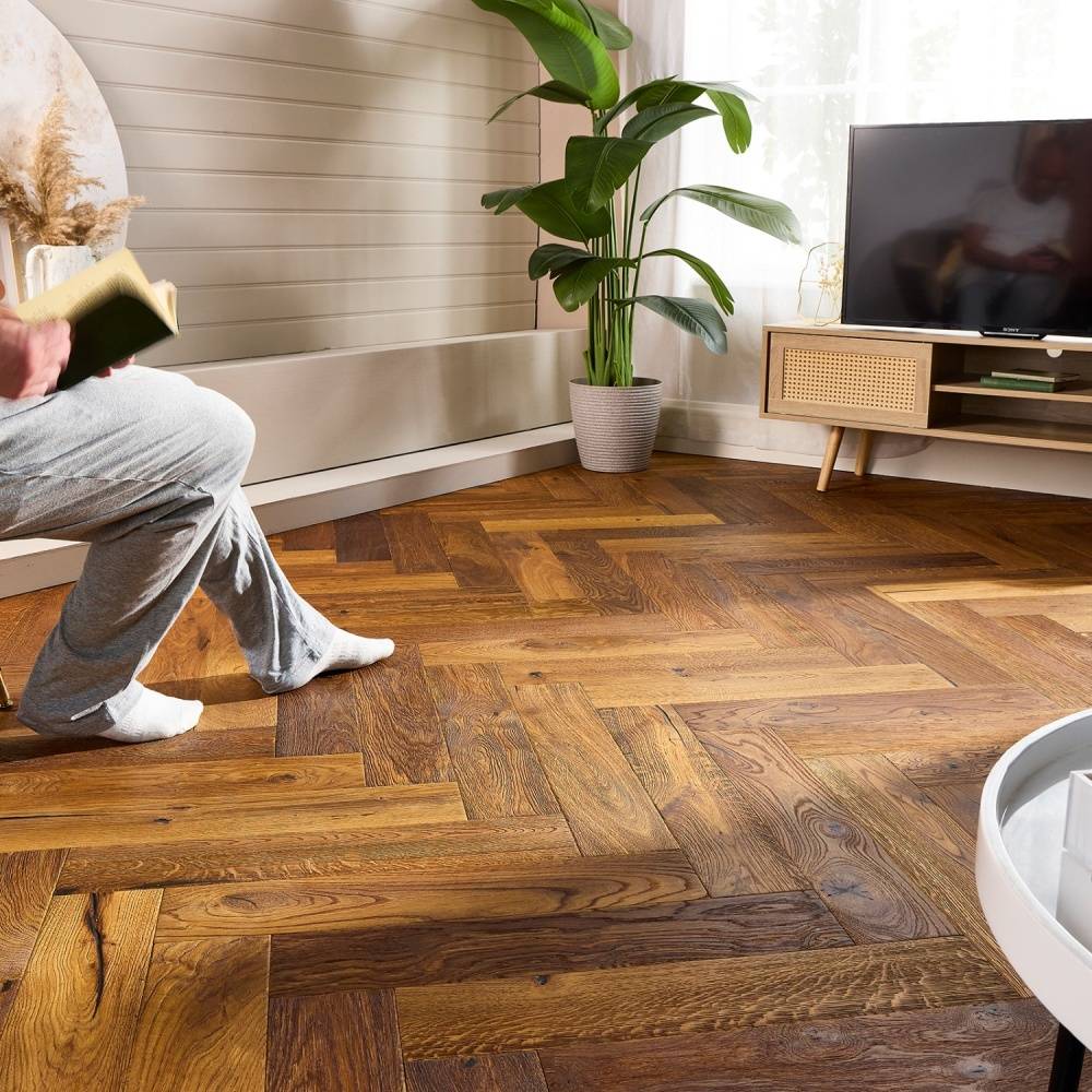 Herringbone Parquet Distressed Engineered Wood Flooring 15mm Double Smoked Hard Wax Oiled