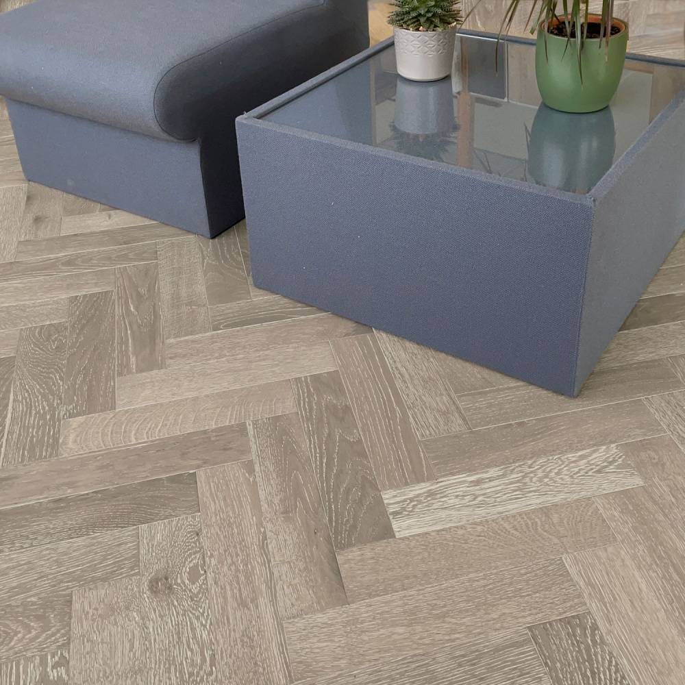 Herringbone Parquet Engineered Wood Flooring 18mm Smoke Grey Oak Brushed UV Oiled 