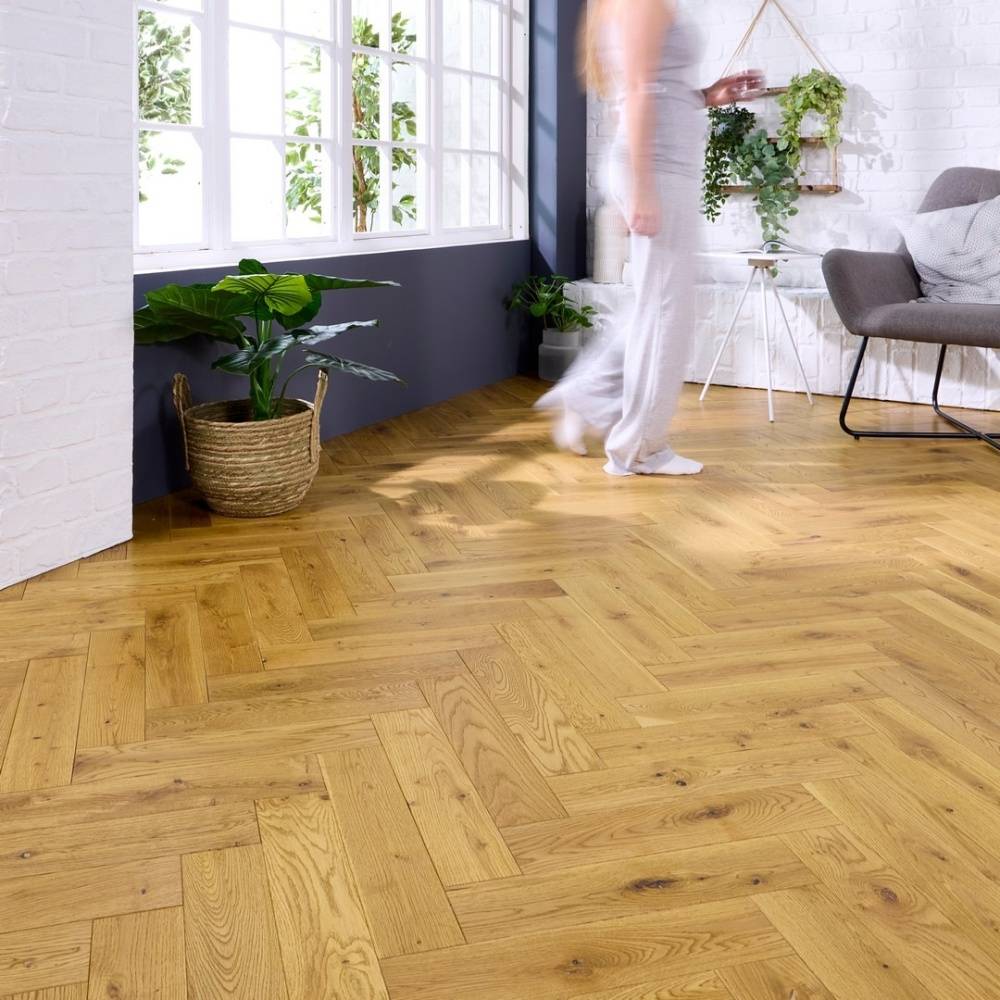 Herringbone Solid Wood Flooring 18mm Golden Brushed Matt Lacquer