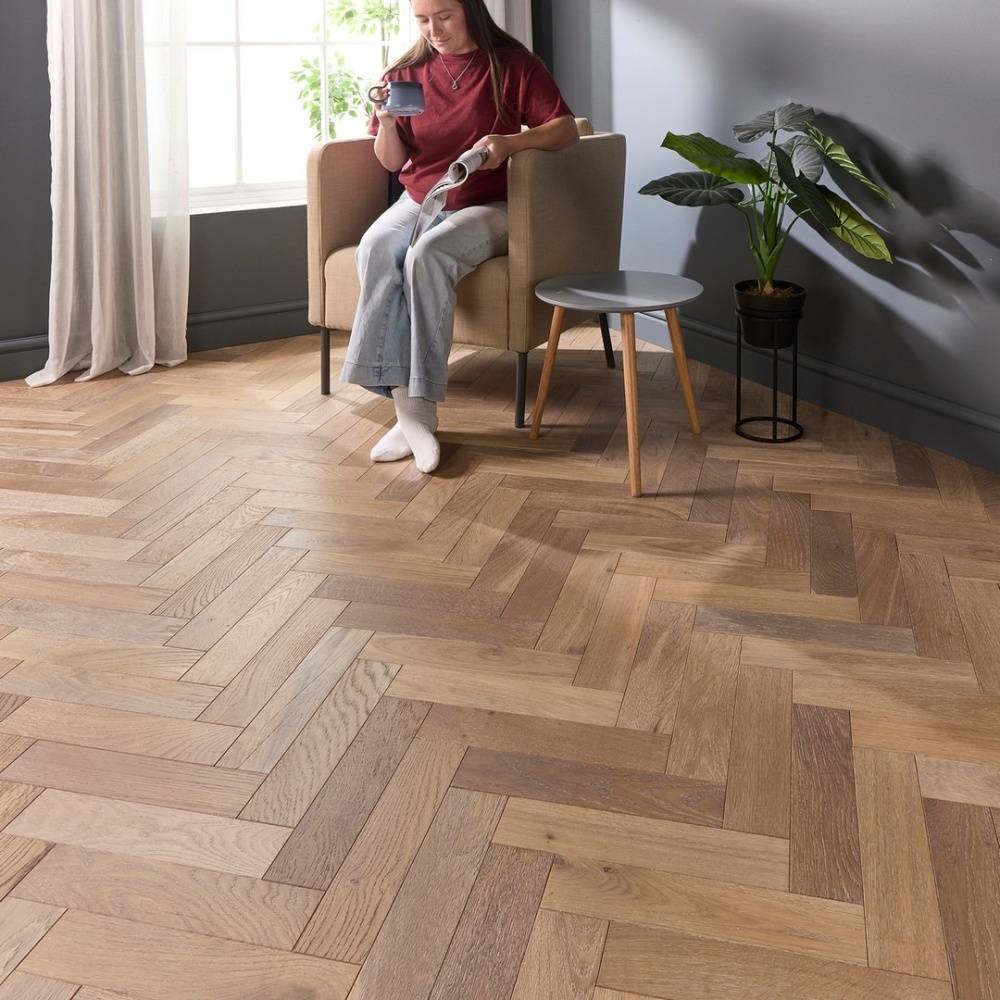 Herringbone Parquet 18mm Engineered Wood Flooring Smoke White Brushed Oiled