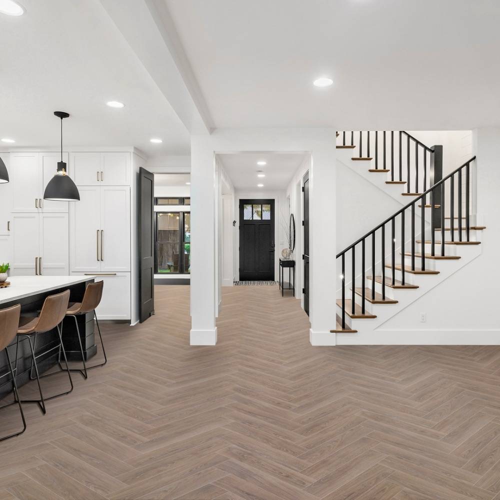 Lusora Pale Ash Herringbone 609M Cushion Vinyl Flooring