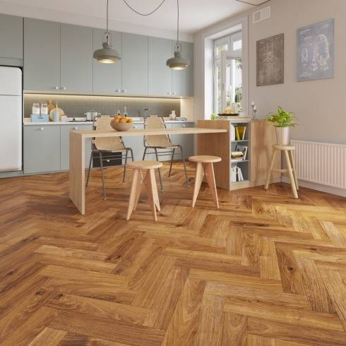 Embrace Herringbone Laminate Flooring Smoked Oak 14mm Built-in Underlay