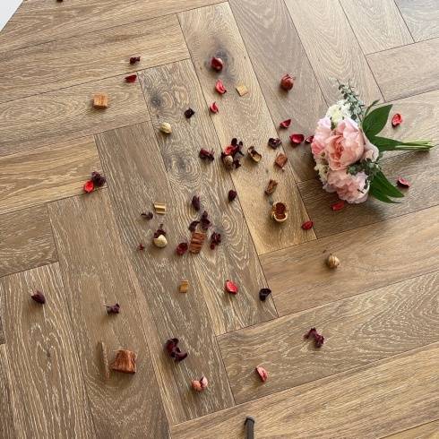 Herringbone Parquet Engineered Wood Flooring 14mm Genuine Smoke Grey Oak Brushed Oiled 