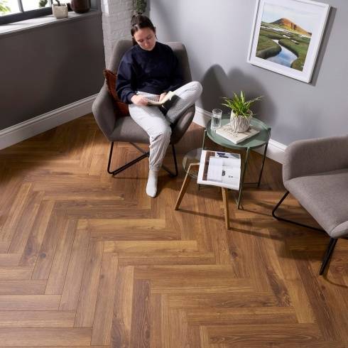 Embrace Herringbone Laminate Flooring Smoked Oak 14mm Built-in Underlay