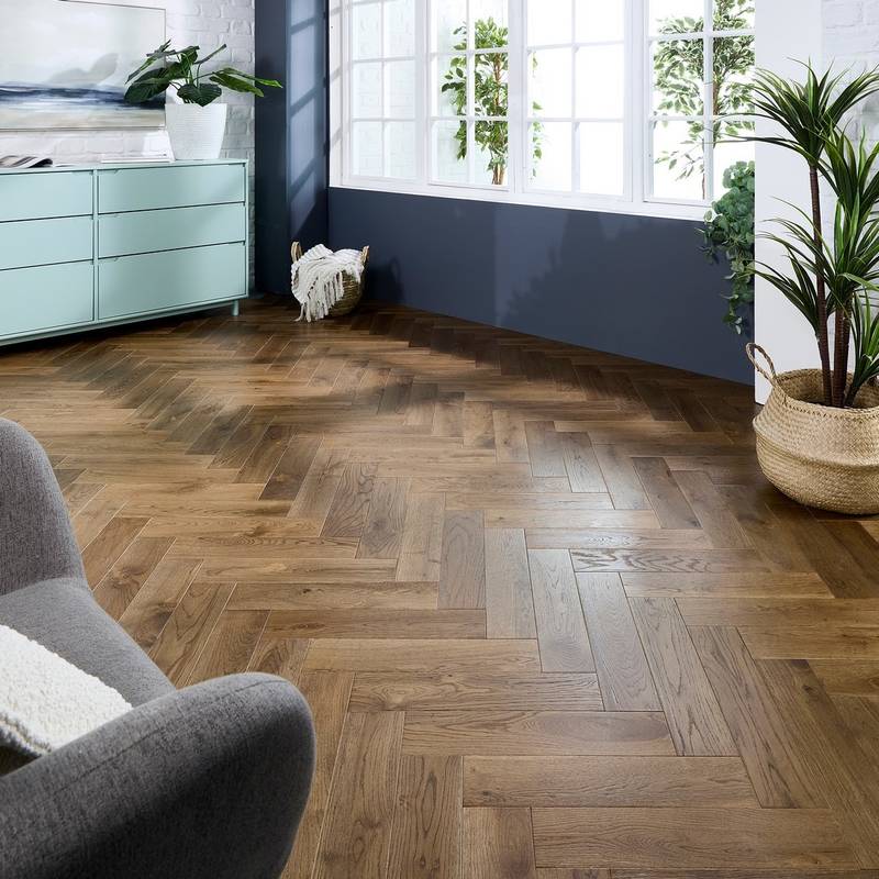 Herringbone Solid Wood Flooring 18mm Smoke Brushed Oiled - image 2
