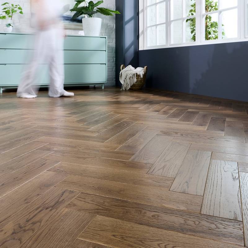 Herringbone Solid Wood Flooring 18mm Smoke Brushed Oiled - image 1
